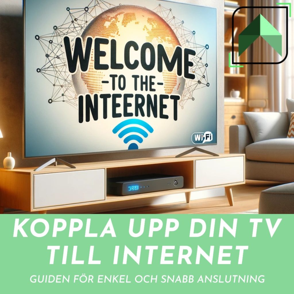 En inbjudande och modern vardagsrumsbild där en stor smart-TV visar ett 'Välkommen till internet'-meddelande med en Wi-Fi-symbol, vilket indikerar en framgångsrik anslutning. TV:n är placerad på en elegant mediabänk, och rummet är väl upplyst med en varm och bekväm atmosfär. En text längst ner på bilden lyder 'Koppla upp din TV till internet: Guiden för enkel och snabb anslutning'. I övre högra hörnet finns CompareSwedens logga.