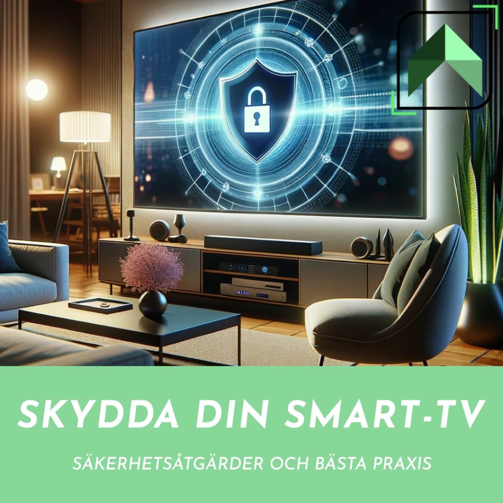 En modern vardagsrumsinredning med en upplyst smart-TV på väggen som visar en stor sköldikon med ett lås, symboliserande cybersäkerhet. En text under TV:n säger 'SKYDDA DIN SMART-TV: SÄKERHETSÅTGÄRDER OCH BÄSTA PRAXIS'. CompareSwedens logotyp visas i övre högra hörnet av bilden.