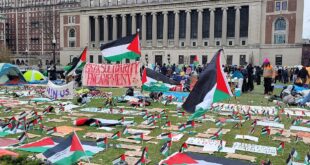 Columbia reinstated Gaza Solidarity Encampment Palestinian flags