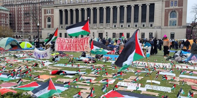 Columbia reinstated Gaza Solidarity Encampment Palestinian flags