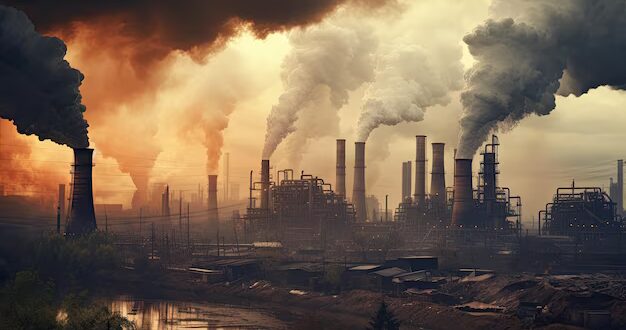 large industrial chimneys emit thick smoke leading air pollution against backdrop dull 908985 19233