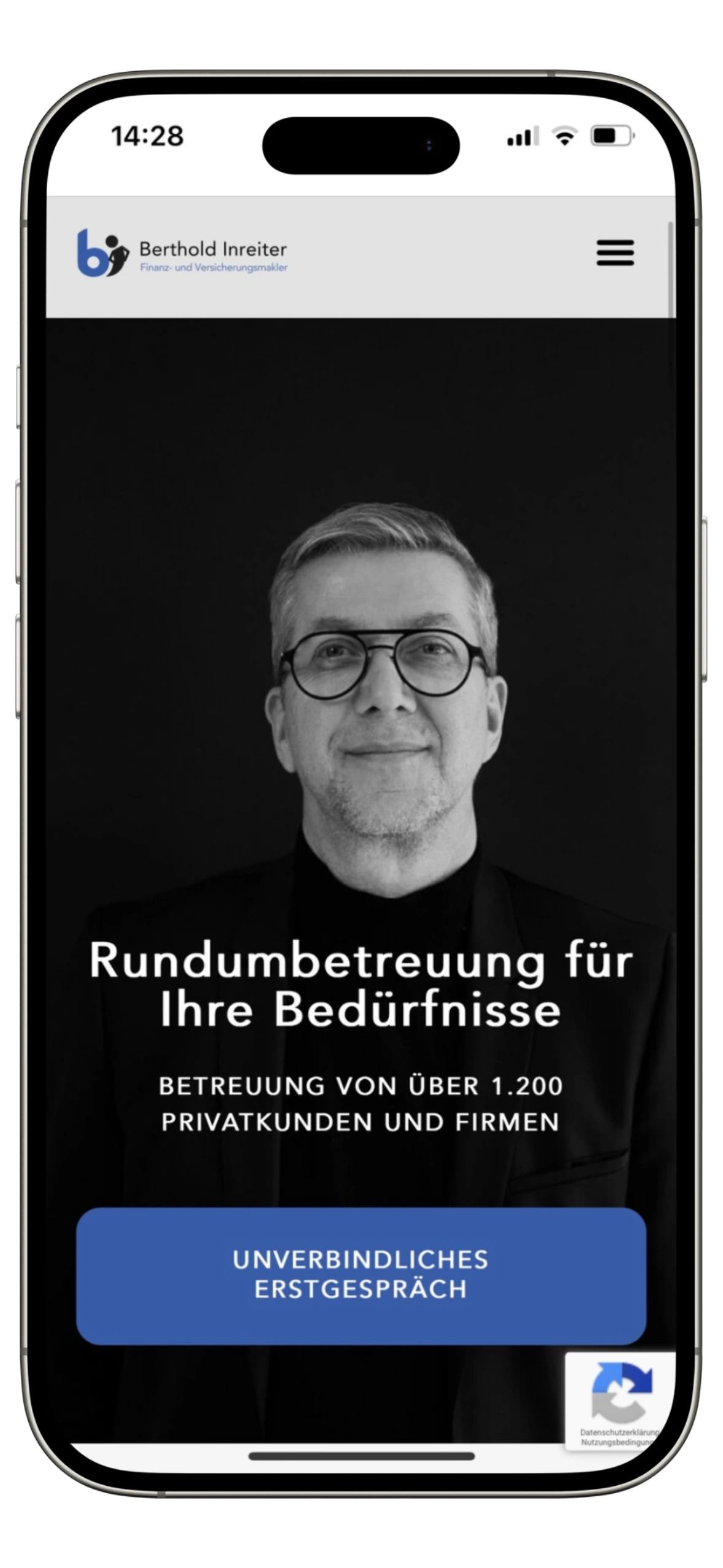 Responsive Ansicht der von uns gestalteten Website für Berthold Inreiter.