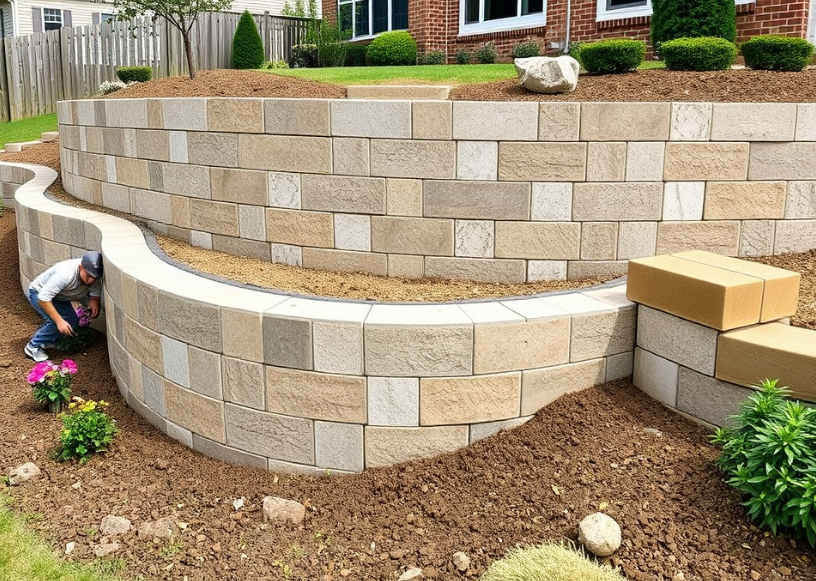 Curved segmental block retaining wall in Montgomery backyard with geogrid.