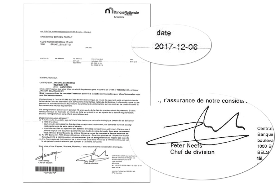 Première lettre de la "BNB" datée du 6 décembre 2017