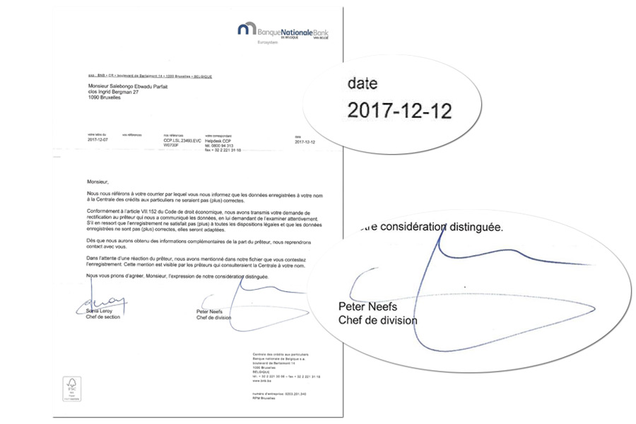 Deuxième lettre de la "BNB" datée du 12 décembre 2017