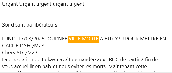 Lu sur le Net: Bukavu, ville morte le lundi 17.03.2025 Lu sur le Net: Bukavu, ville morte le lundi 17.03.2025