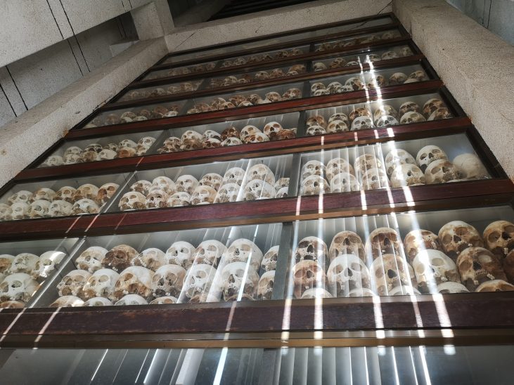 The memorial shrine at the killing fields with 9 levels of skulls.