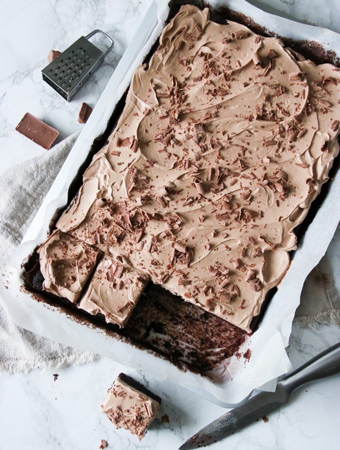 CHOKLADKAKA I LÅNGPANNA MED MJÖLKCHOKLADFROSTING