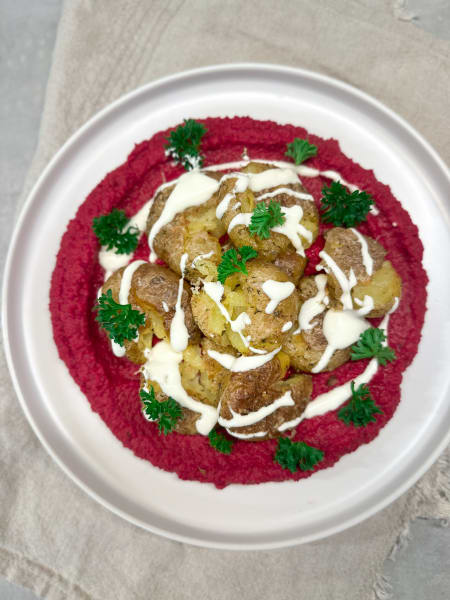 smash potatis med bönröra