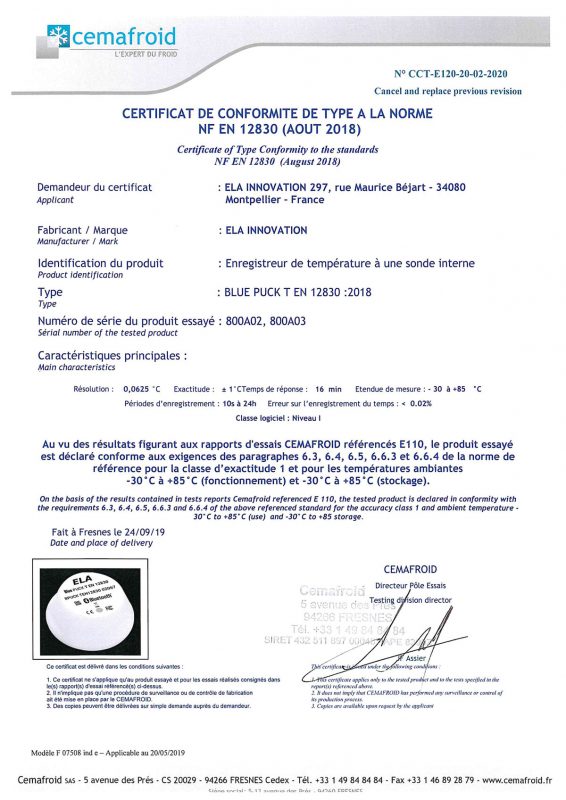 Certificate of calibration Cool Smart
