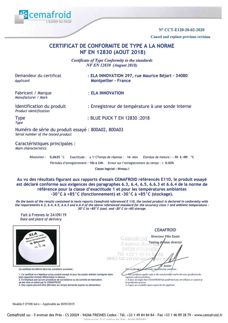 Certificate of calibration Cool Smart
