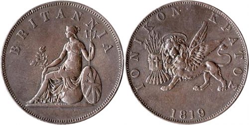 Obol of George III - Britannia seated on a Globe / Winged Lion holding Gospel