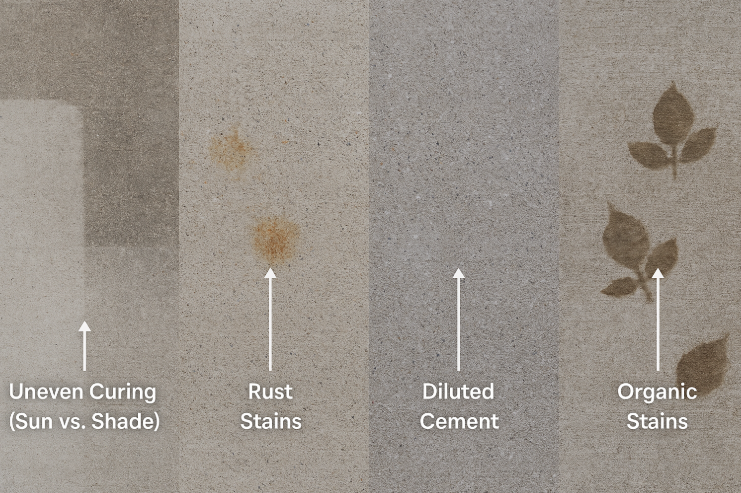 Examples of concrete discoloration caused by uneven curing, rust stains, diluted cement, and organic debris.