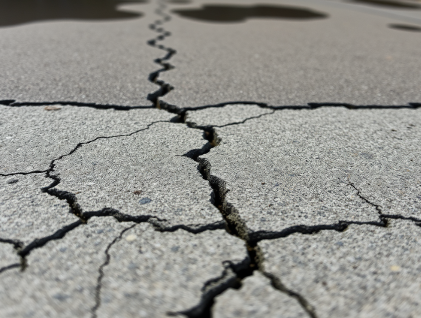 Concrete slab with various cracks caused by weather changes and poor reinforcement.