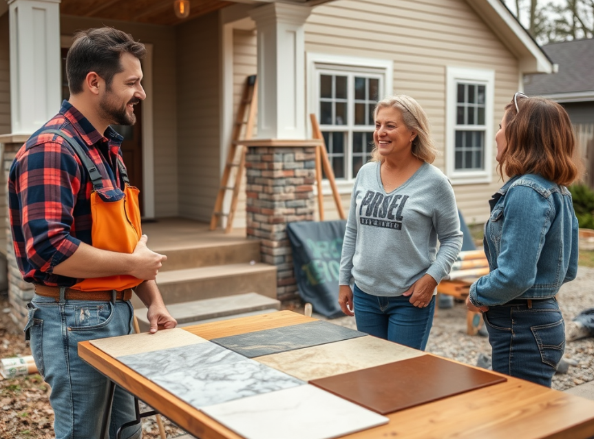 Concrete contractor discussing design options with a Cork homeowner.