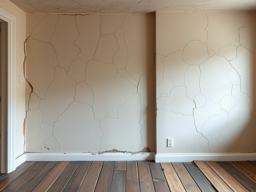 Visible wall cracks and uneven floors caused by poor foundation quality.