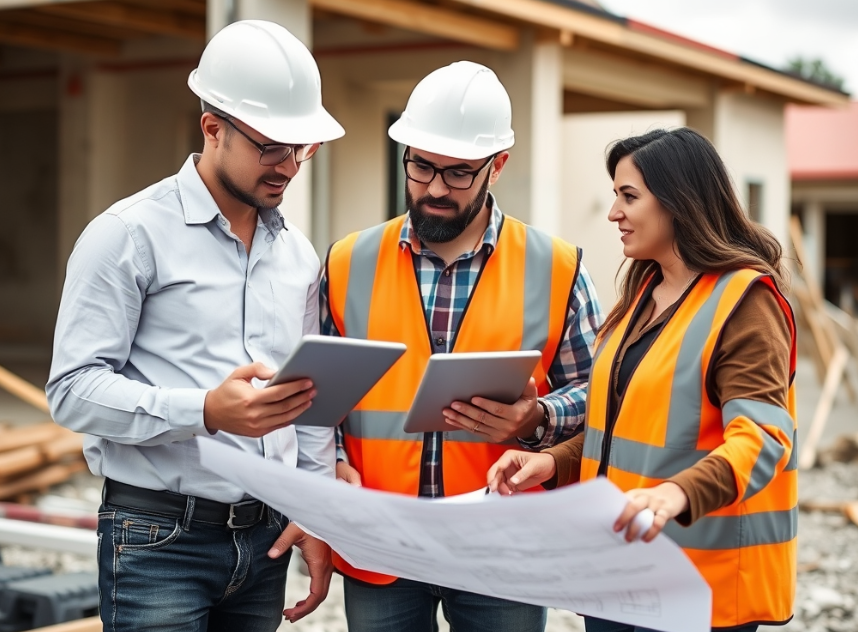 Homeowner consulting experienced foundation contractors on-site with project blueprints.