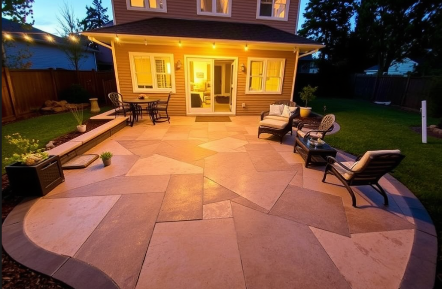 Concrete patio in a Cork garden with outdoor furniture and decorative lighting.