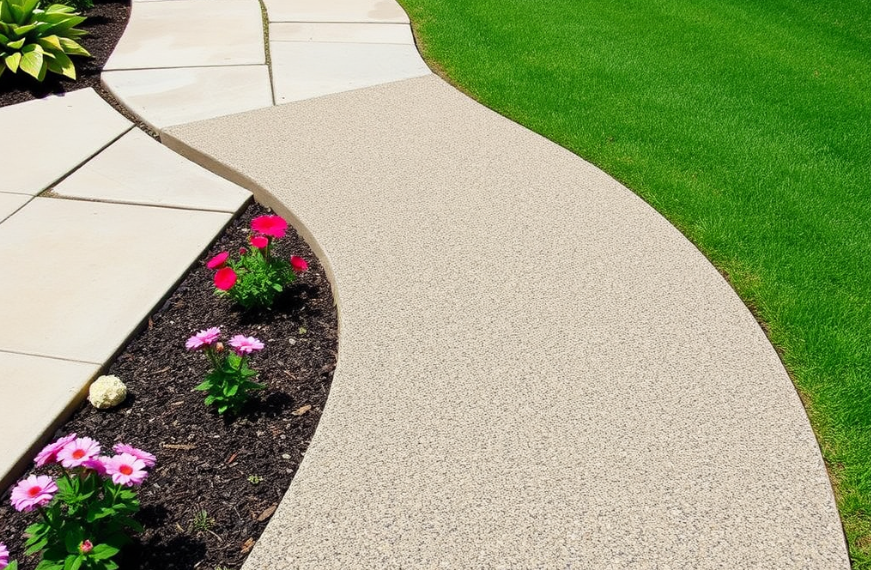Concrete garden walkway in Cork with exposed aggregate and flower borders