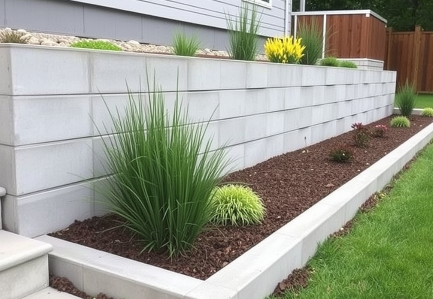 Concrete retaining wall and garden edging in Cork with decorative landscaping