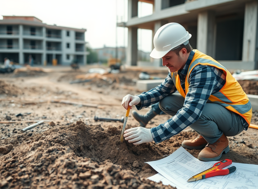 Concrete foundation contractor testing soil before construction begins.