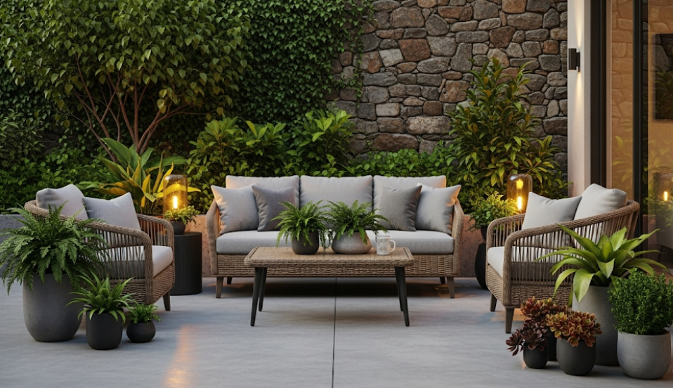 Modern concrete patio in a stylish Cork home with elegant seating and garden accents.