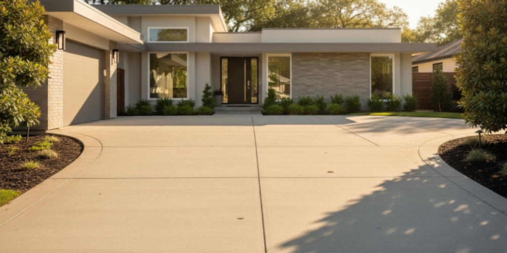 Well-maintained concrete driveway in front of a modern home