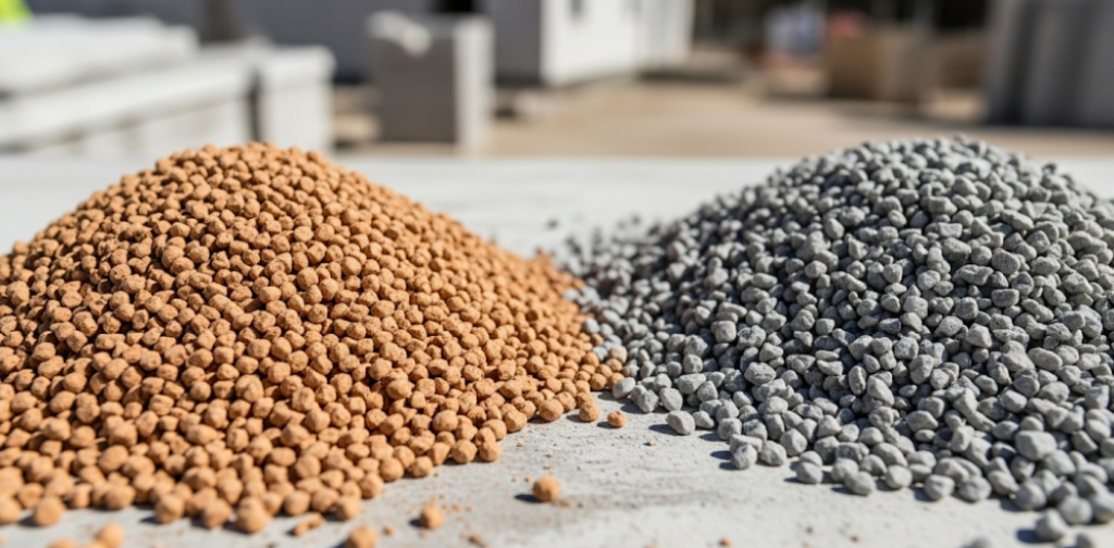 Cork particles next to traditional concrete aggregates highlighting the sustainable material swap.