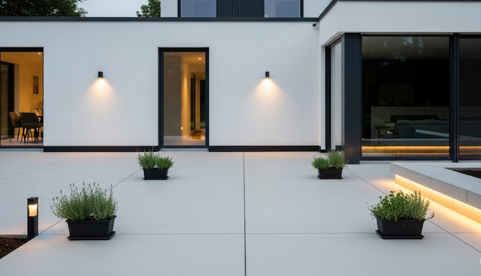 Sleek concrete patio with polished finish and minimalist decor in a compact garden.