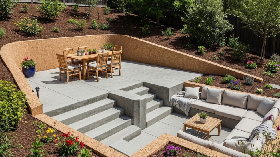 Multi-level concrete patio with separate zones for dining, lounging, and gardening.
