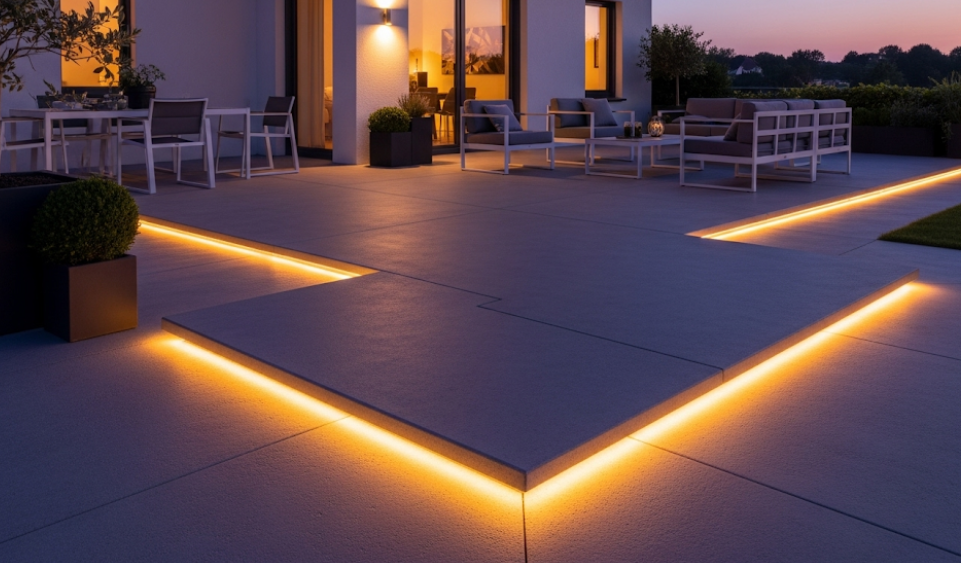 Concrete patio with embedded LED lights and decorative borders glowing in the evening.