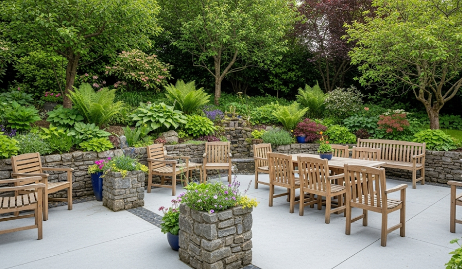 Concrete patio blended with wood and stone elements for a natural, earthy garden look.