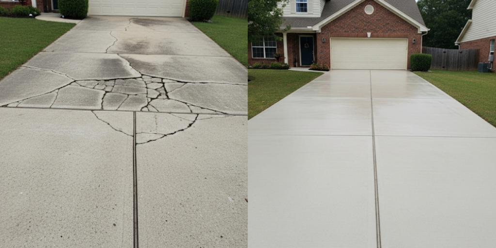 Before and after comparison of a damaged and repaired concrete driveway