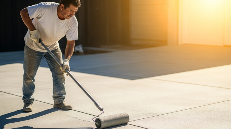 Applying concrete sealer to protect the driveway surface