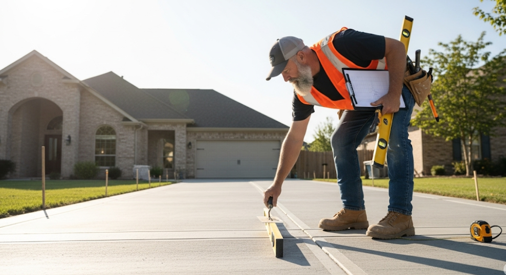 Professional inspecting a concrete driveway for maintenance issues
