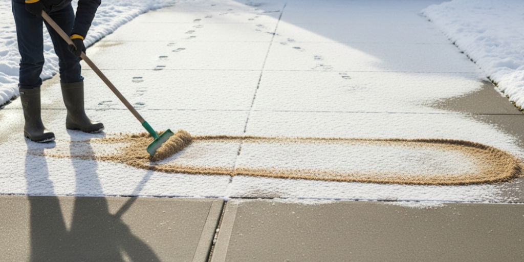 Using safe deicing alternatives on a snowy concrete driveway