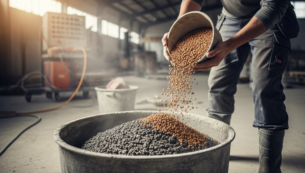 “Worker mixing recycled cork into concrete for eco-friendly construction.