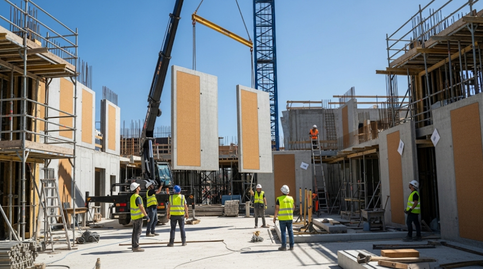Lightweight cork concrete panels installed in a modern building.