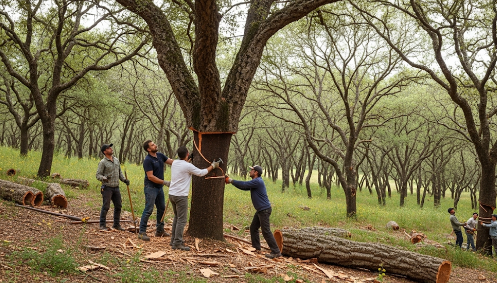 Cork oak tree bark being harvested, showcasing renewable material sourcing.