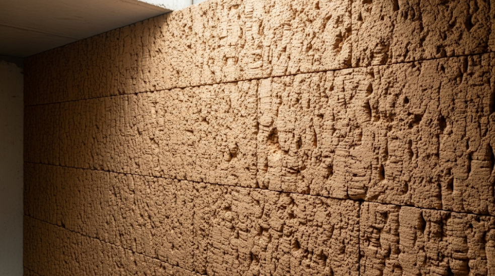 Cork concrete wall resisting mold and moisture in damp conditions.