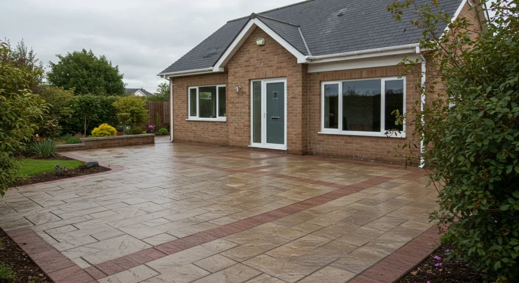 Modern Cork home featuring stamped and polished decorative concrete elements on the patio.