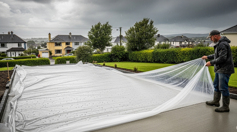 Fresh concrete driveway being protected during unpredictable Cork weather.