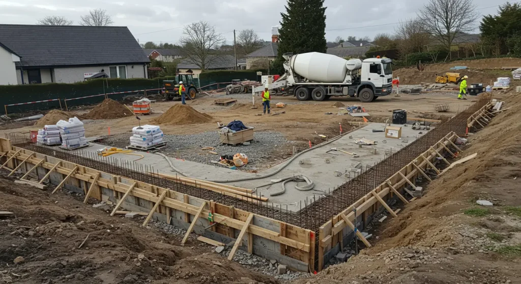 Concrete installation preparation in Cork with crew, mixer truck, and foundation work.