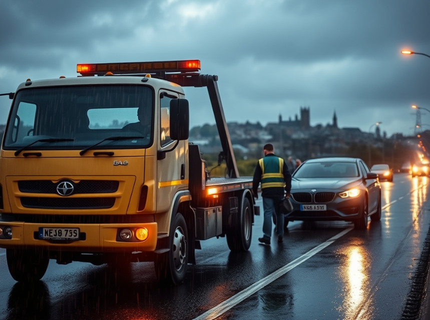 A reliable local towing service in Cork assisting a stranded driver during rainy weather.
