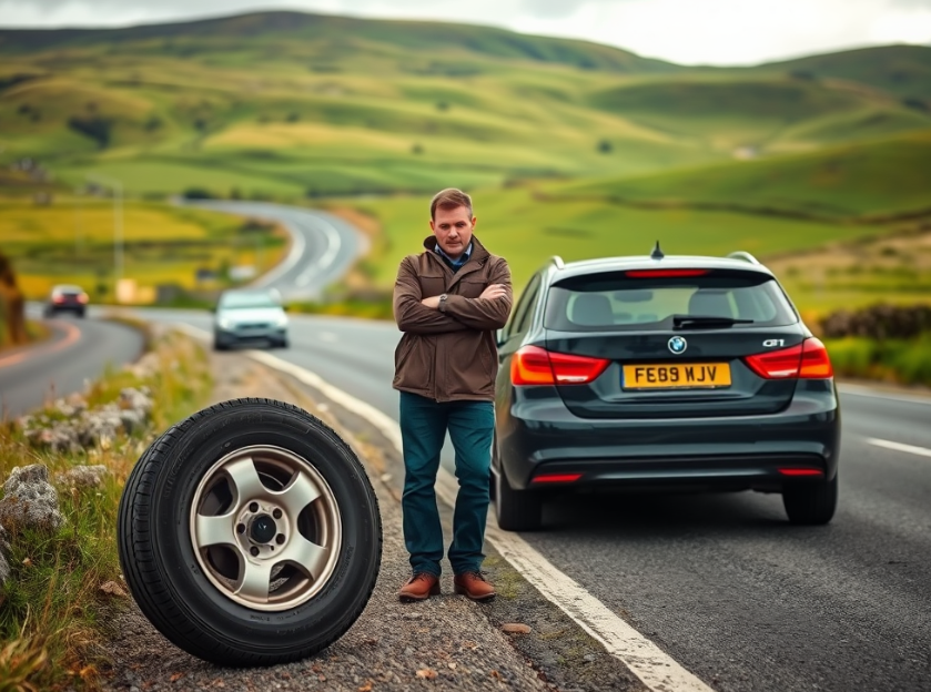 Stranded driver with flat tire waiting for roadside towing service in Cork.