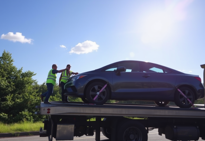 Cork tow truck operator securing a broken-down car.