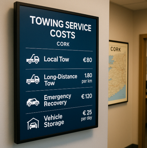 Towing service cost chart in Cork displayed on screen