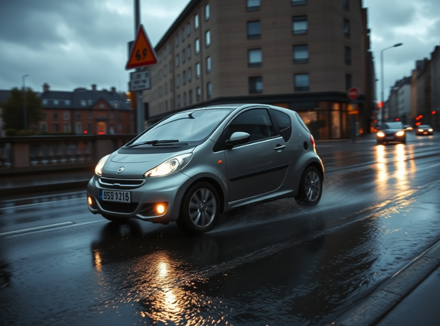 Car driving slowly on a wet road in Cork with headlights on for better visibility in winter.