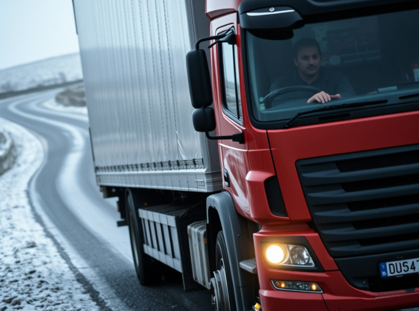 Truck driving cautiously on a frosty rural Cork road, demonstrating winter safety for heavy vehicles.