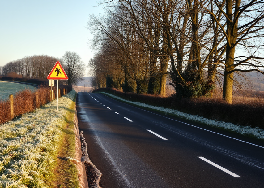 Icy rural road in Cork showing hidden winter hazards for cautious drivers.